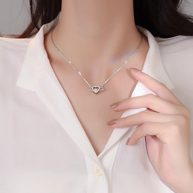 S925 Sterling Silver Angel Wings Heart Necklace for Women – Elegant Jewelry