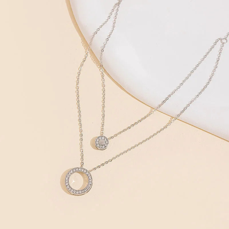 S925 Sterling Silver Double Circle Zircon Pendant Necklace – Elegant Long O-Chain Choker for Women