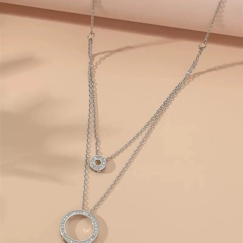 S925 Sterling Silver Double Circle Zircon Pendant Necklace – Elegant Long O-Chain Choker for Women