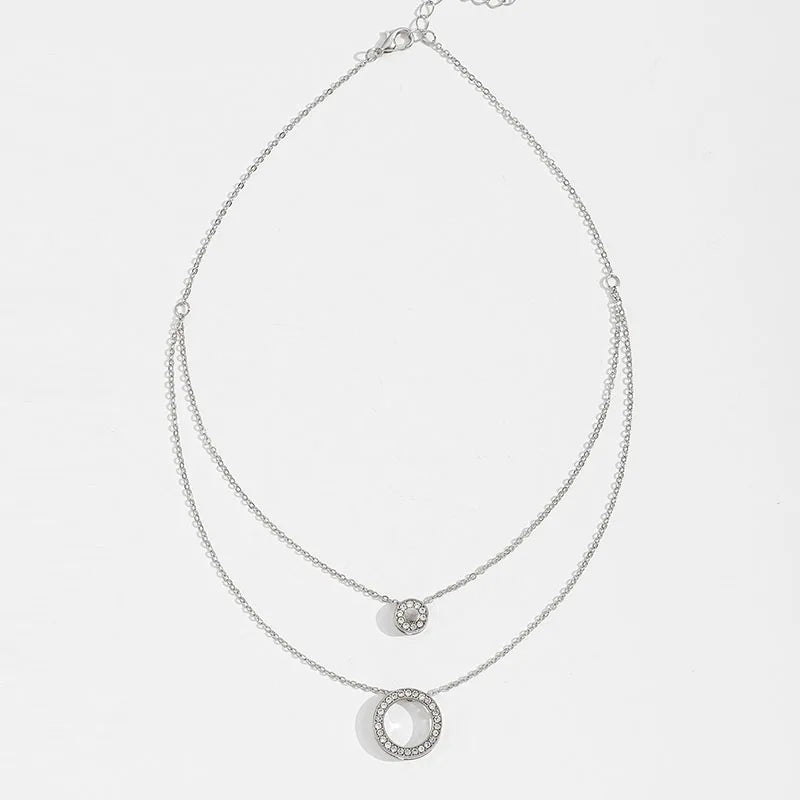 S925 Sterling Silver Double Circle Zircon Pendant Necklace – Elegant Long O-Chain Choker for Women