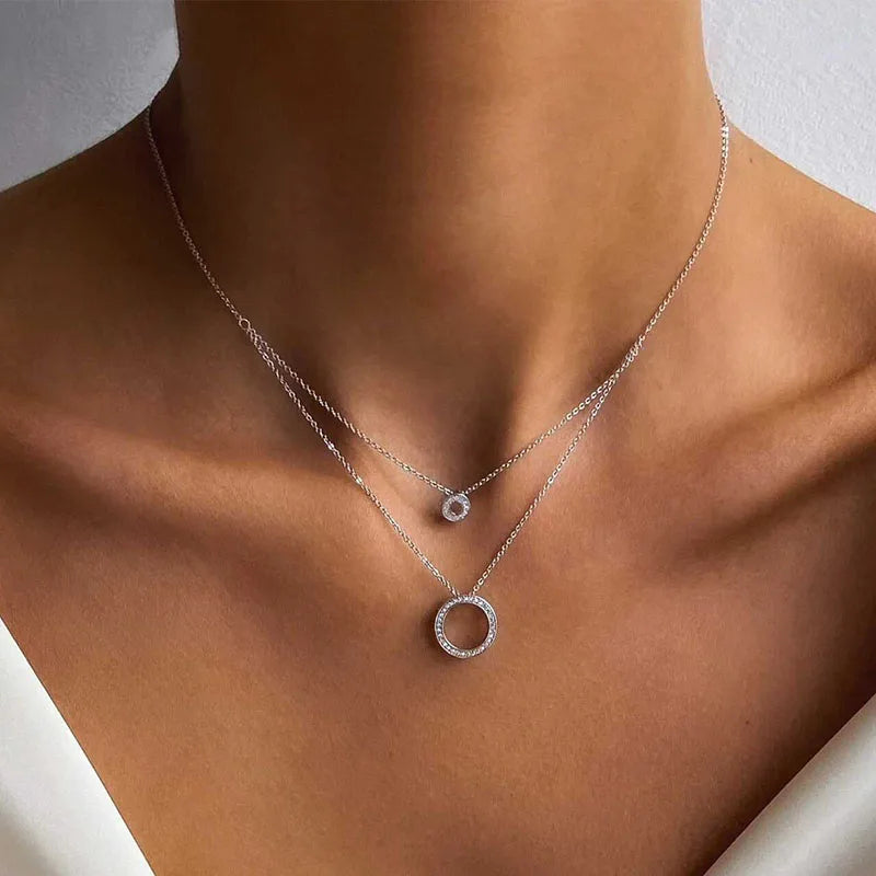 S925 Sterling Silver Double Circle Zircon Pendant Necklace – Elegant Long O-Chain Choker for Women