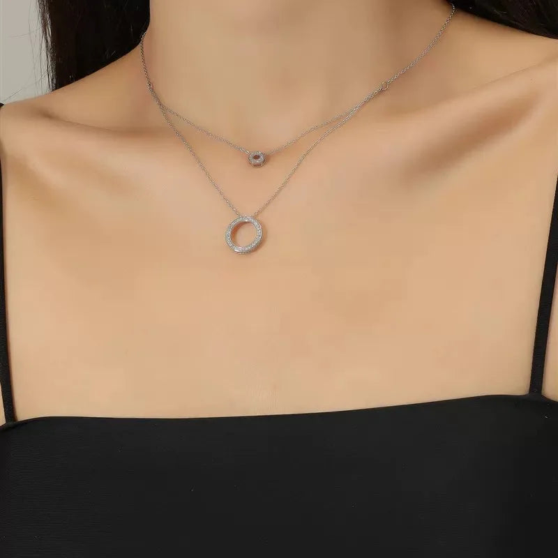 S925 Sterling Silver Double Circle Zircon Pendant Necklace – Elegant Long O-Chain Choker for Women